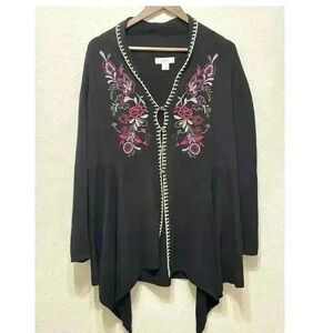 CJ Banks Womens Cardigan Sz 1x Black Floral Embroidered Assymetrical Lagenlook‎
